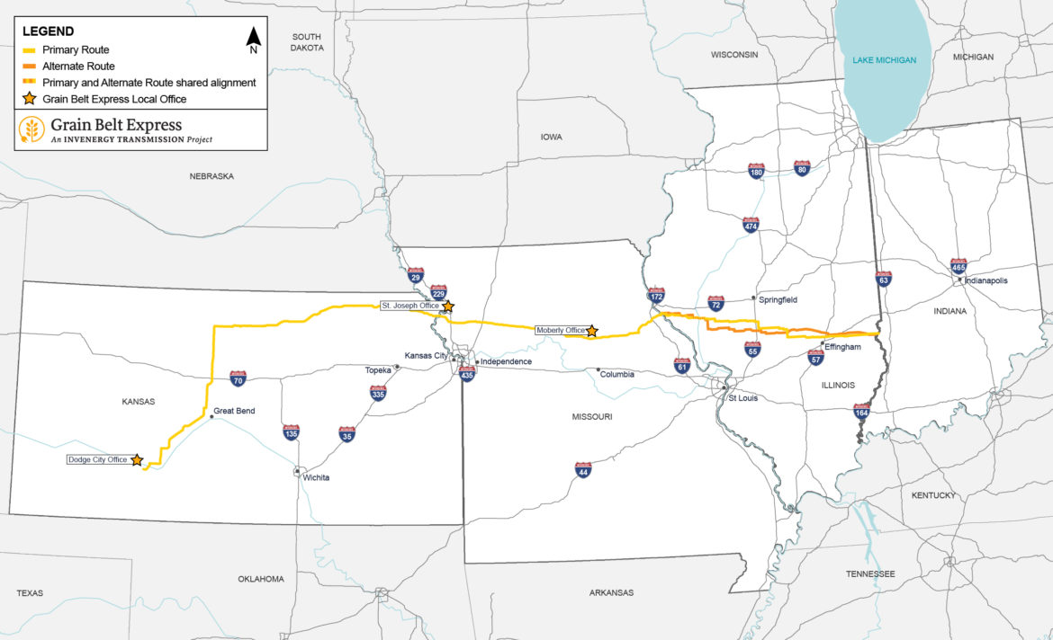 Map shows the Grain Belt Express route across the midwest.
