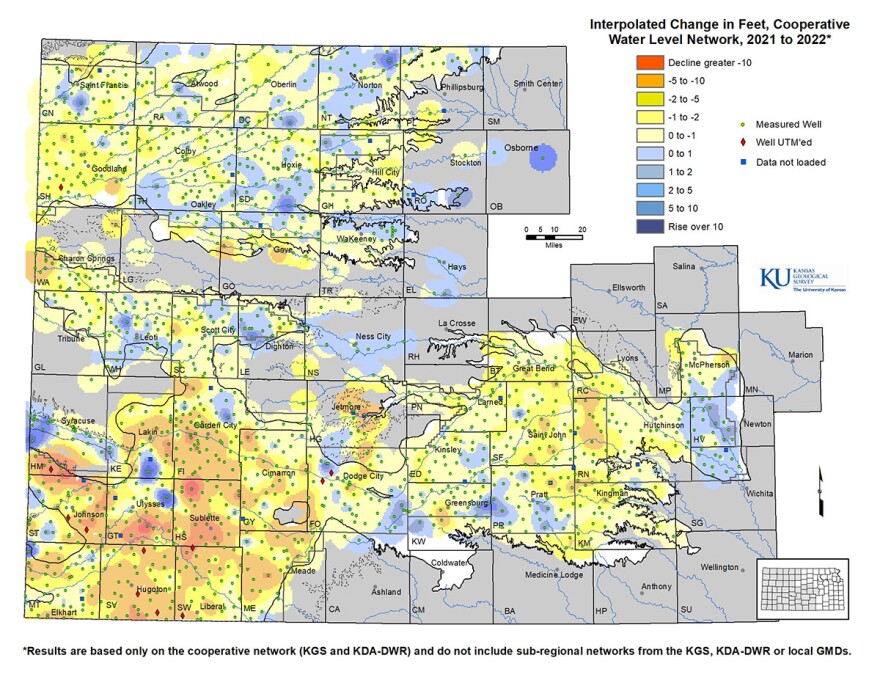 This map shows aquifer water level declines across western and central Kansas based on preliminary results from the annual Kansas Geological Survey assessment taken in early 2022.