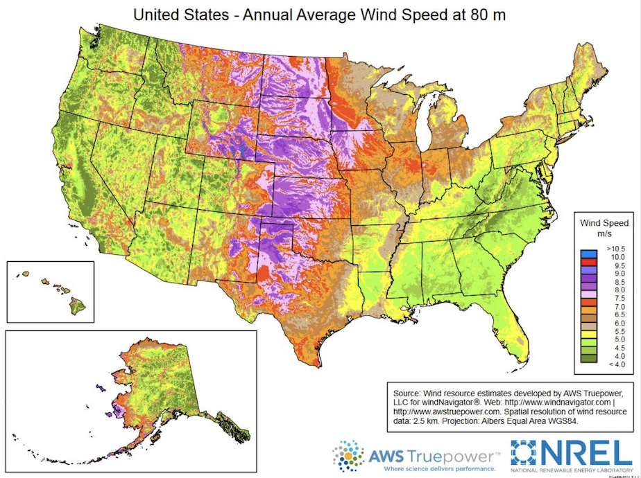 Map shows average wind speeds across the country.